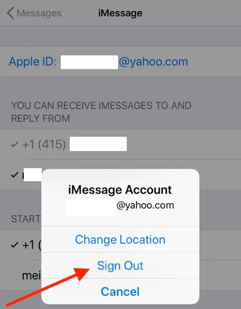 go to settings, messages, send and receive and click on sign out