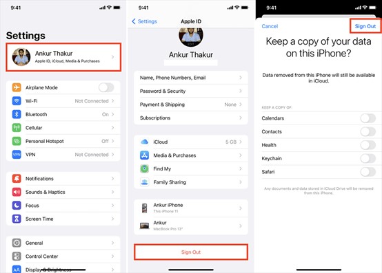 выйдите из системы с помощью своего идентификатора iCloud ID на iPhone