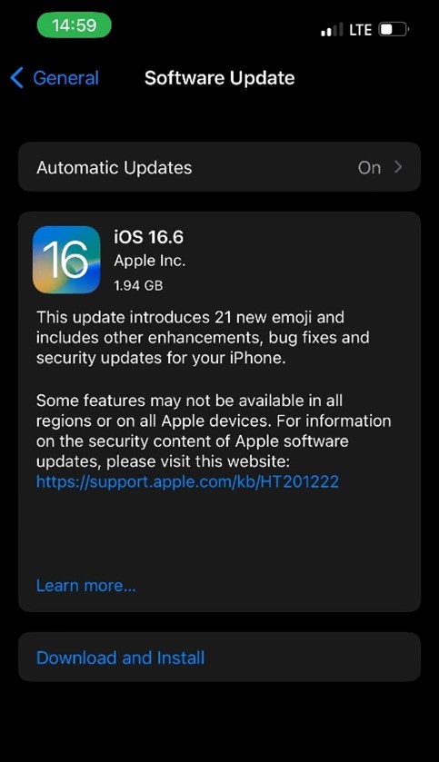 página de actualización de software en el iPhone