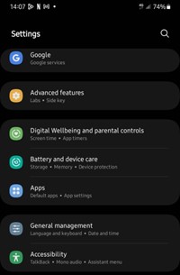 settings page on android phone