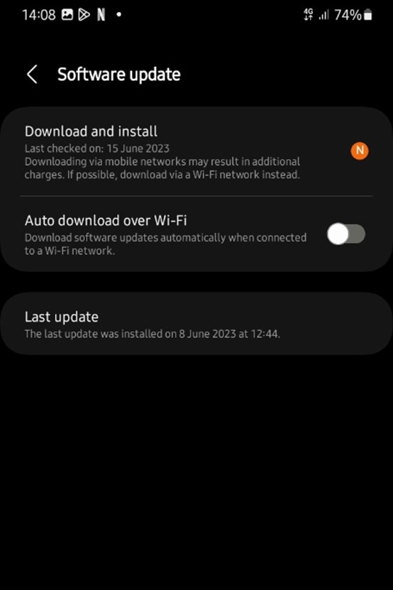 página de actualización de software en el teléfono android