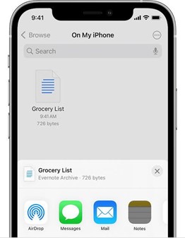 toque na opção airdrop na lista de compartilhamento do seu aplicativo de notas