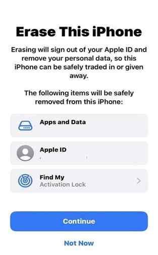 tap Continue to erase iphone