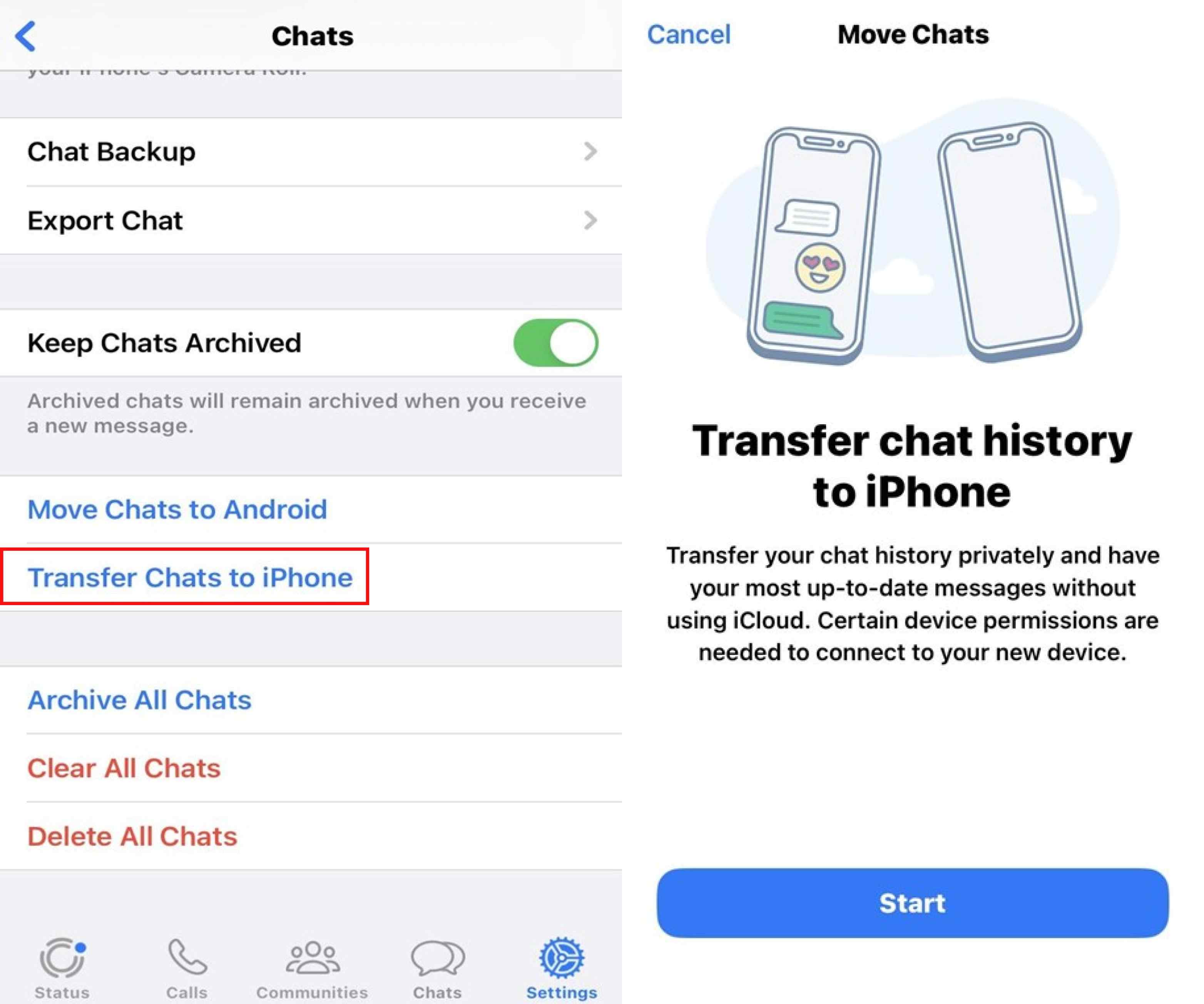 Toque em transferir bate-papos para iPhone