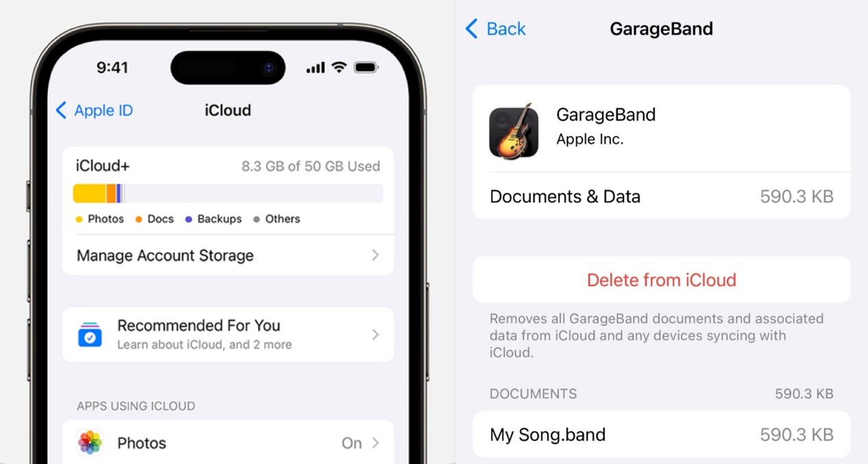 select manage account storage and choose data to delete from icloud