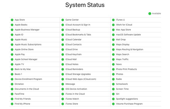 verifique o estado do sistema apple para ver se o servidor da apple funciona bem