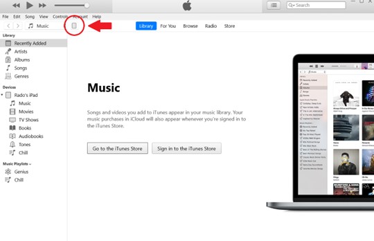 haz clic en el icono del ipad en la interfaz de itunes