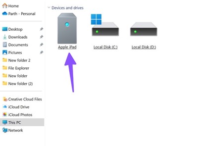 aprire la cartella iPad sul PC per spostare i file dal PC all'iPad