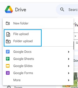 choose file upload or folder upload to transfer files to google drive