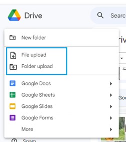 choisissez le téléchargement de fichiers ou le téléchargement de dossiers pour transférer des fichiers vers google drive