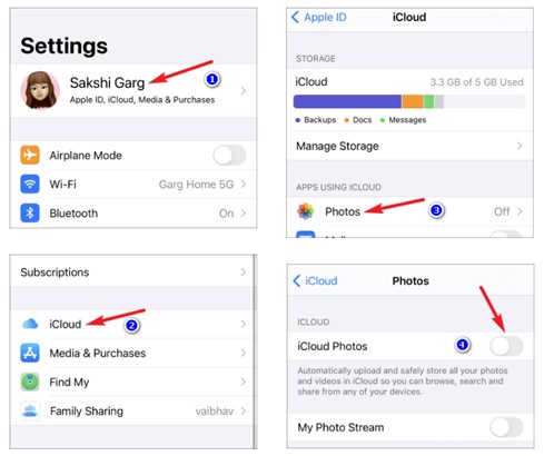 turn on and off iCloud photos on iPhone