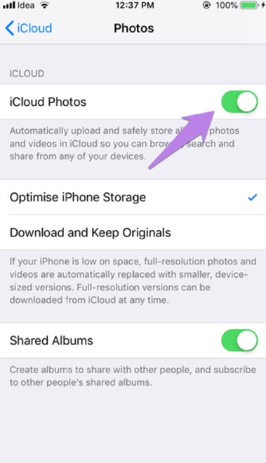 switch on the toggle to enable iCloud photos