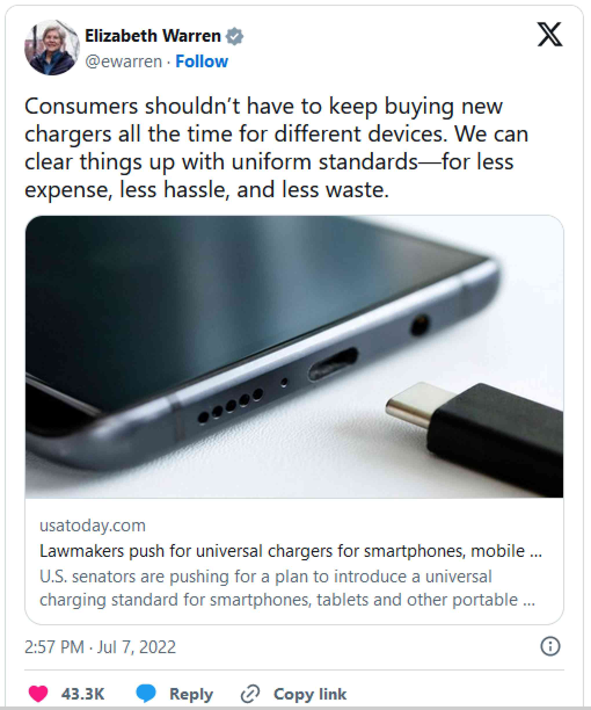 tweet supporting usb-c mandate