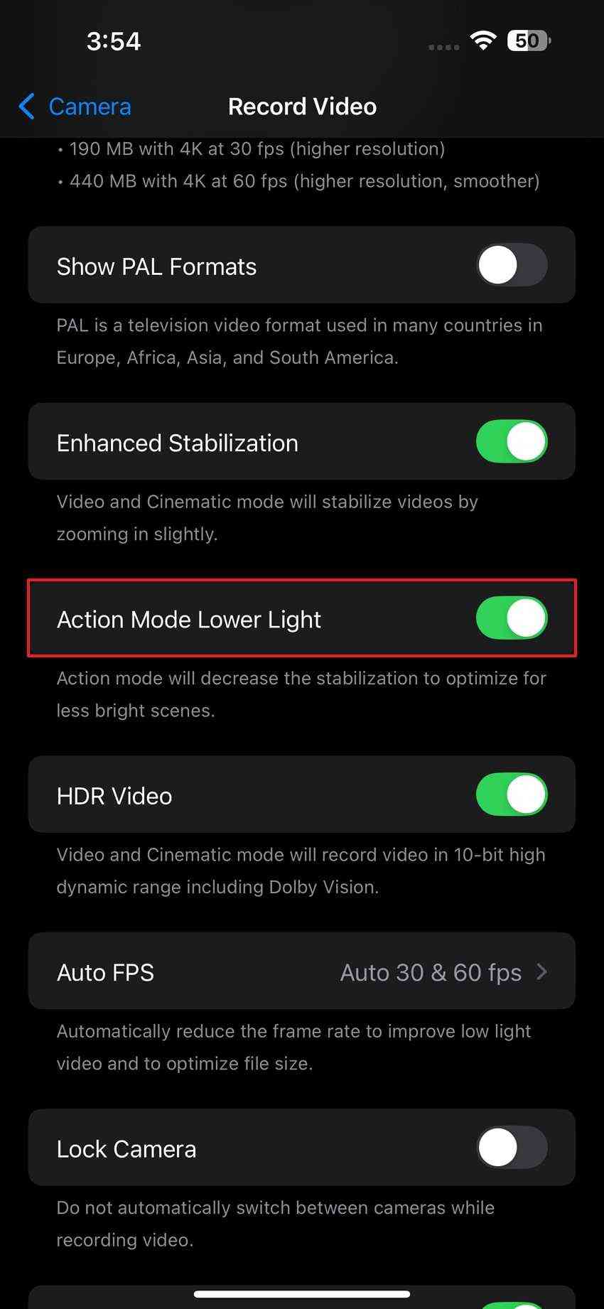 action mode lower light