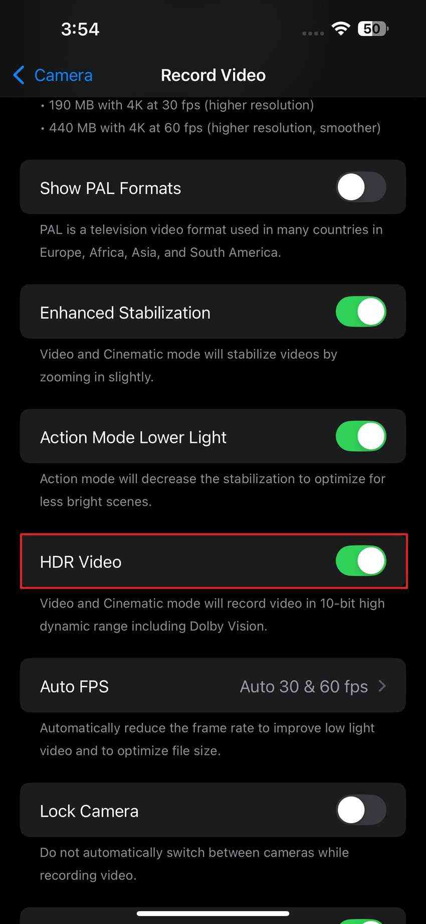 turn on hdr video settings