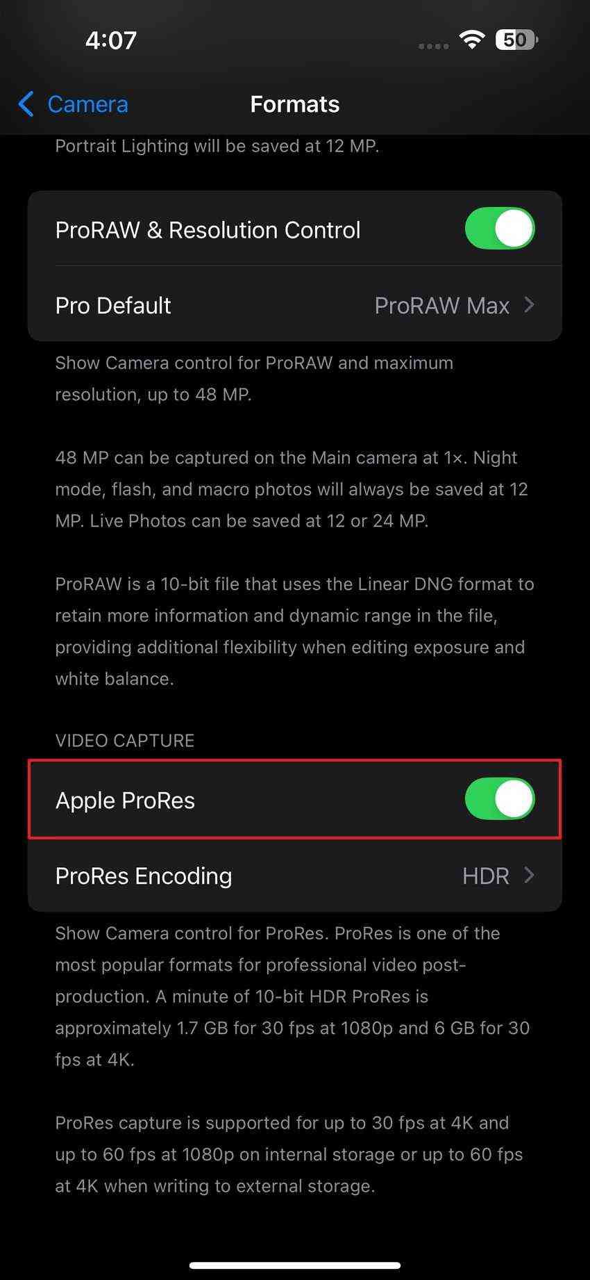 enable apple prores feature