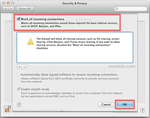 adjust firewall settings to all incoming connections on your mac