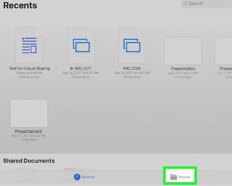 pulsa en Examinar en tu ipad para buscar los archivos cargados recientemente