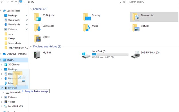 drag and drop a file from pc to ipad on the file explorer