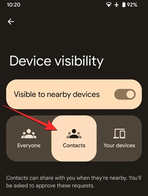elige los contactos con los que deseas compartir en la visibilidad del dispositivo de Nearby Share
