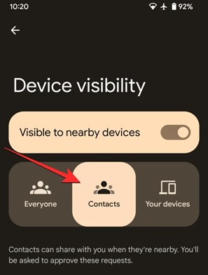 выберите контакты, с которыми вы хотите поделиться в видимости устройства близлежащего обмена