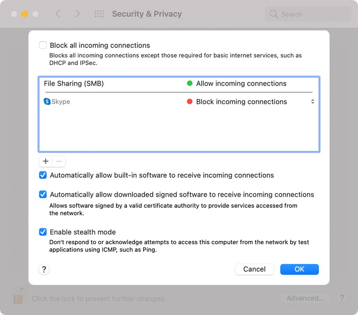 configurer les paramètres du pare-feu pour permettre à airdrop de recevoir des connexions entrantes