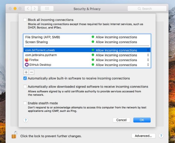 rectifica la configuración de tu cortafuegos para permitir las conexiones y transferencias entrantes de airdrop