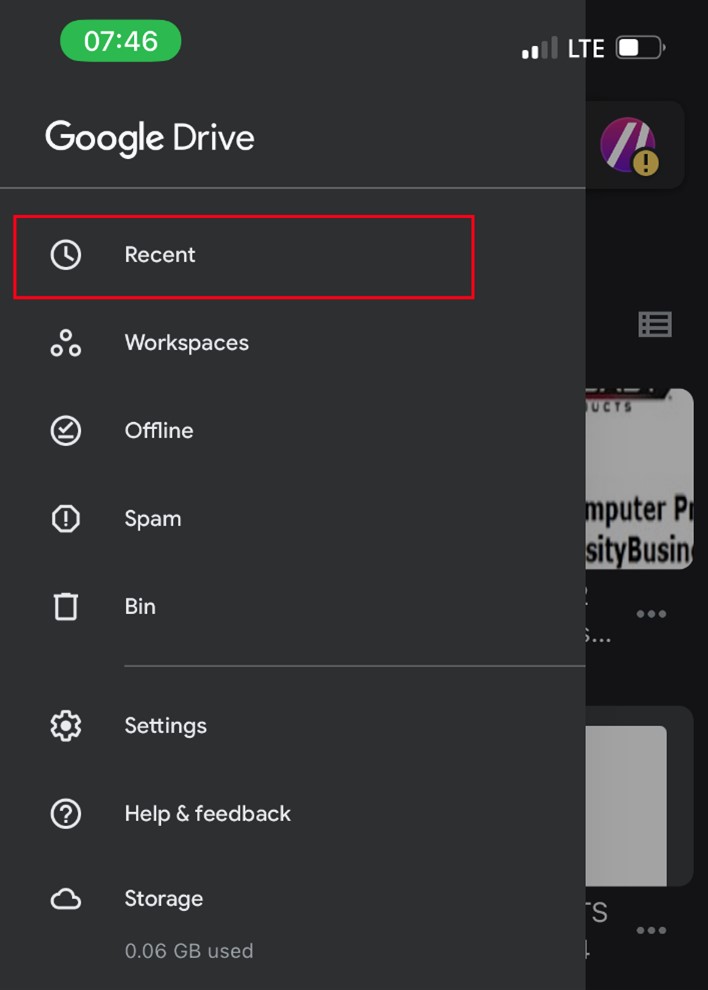 google drive recent folder on iphone