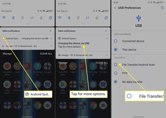 enable the files transfer mode of your device to transfer between android and mac 