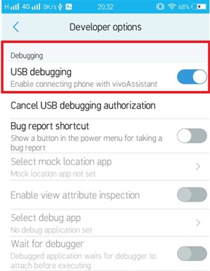 usb debugging screen on android phone