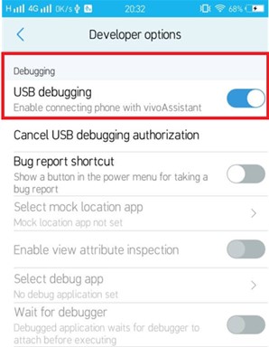 tela de depuração usb no celular android