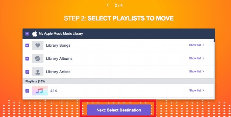 select destination and playlist options