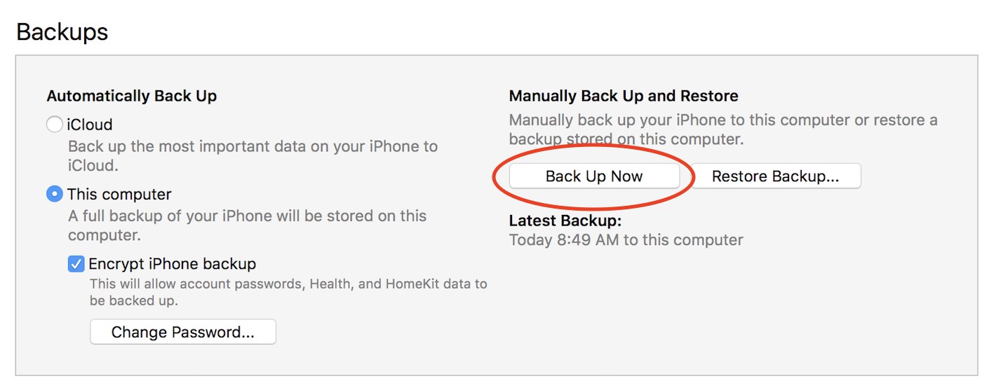 clicking on back up now to create an iphone backup