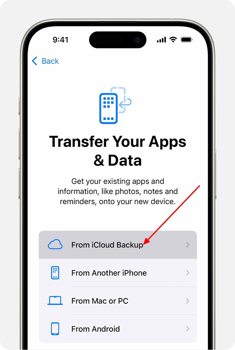 tap from icloud backup option