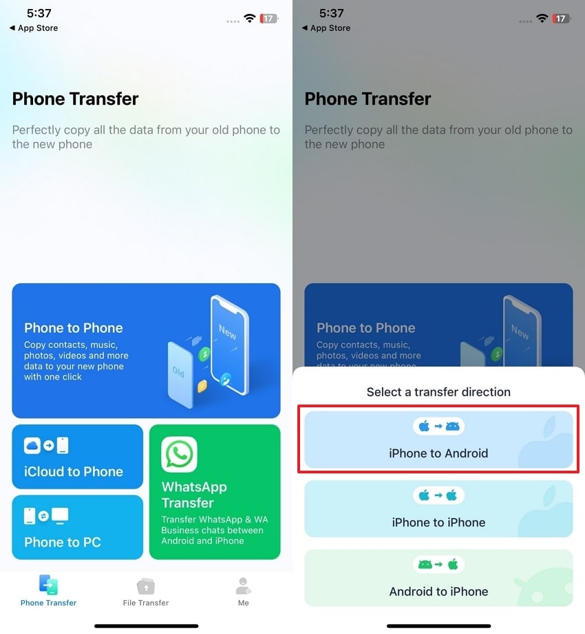 choose iphone to android transfer