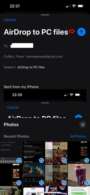como enviar archivos a windows pc desde iphone via email