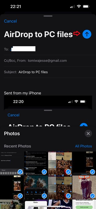 como enviar arquivos para o windows pc do iphone via e-mail