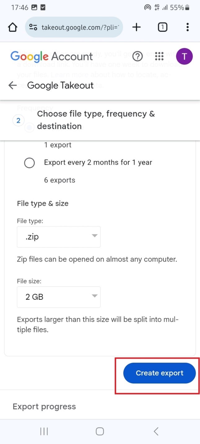 how to create export via google takeout 