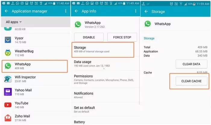 clear cache on whatsapp