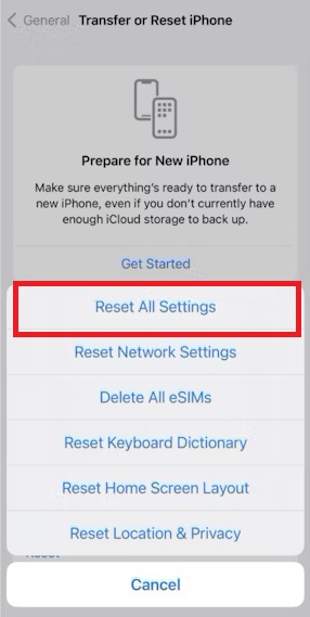 reset all settings option