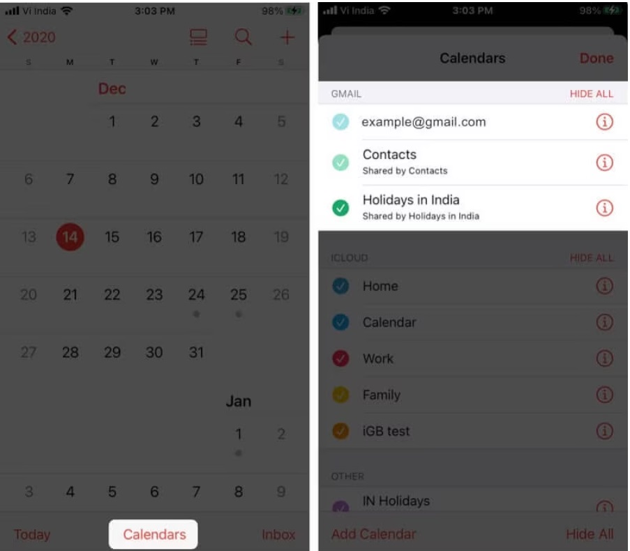 Enable Gmail account in the calendar app 