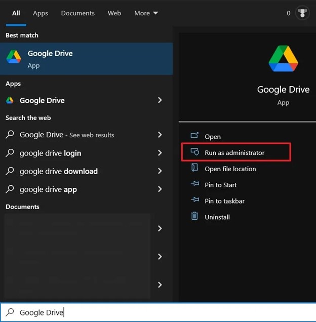 run google drive as admin to fix the no syncing issue