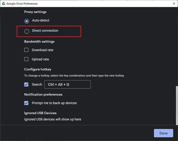 change proxy settings on google drive to fix issues with syncing