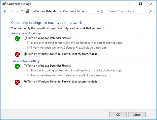 turn off windows defender firewall