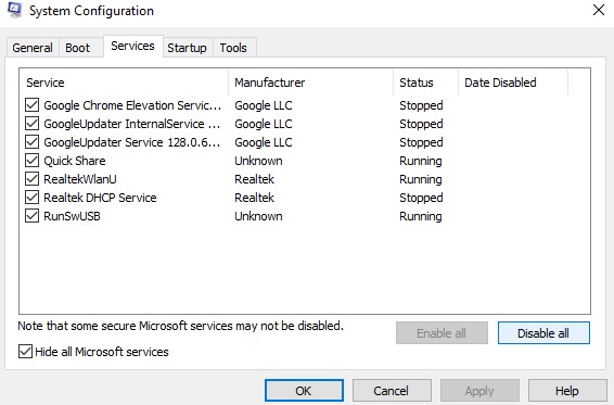 ocultar todos los servicios de microsoft para realizar un arranque limpio y solucionar el problema de google drive