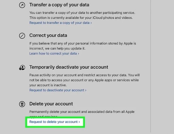 Para excluir sua conta do iCloud, clique em solicitar.