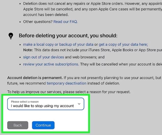 Escolha uma razão pela qual você deseja remover sua conta do iCloud dos seus dispositivos.