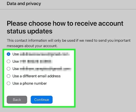 enter a method of communication to remove an icloud account