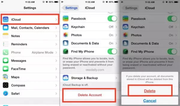 delete an icloud account from an individual device