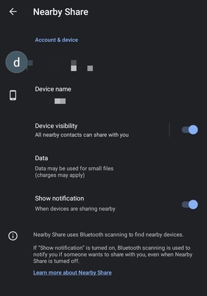 click on nearby share to adjust visibility and switch on the device visibility